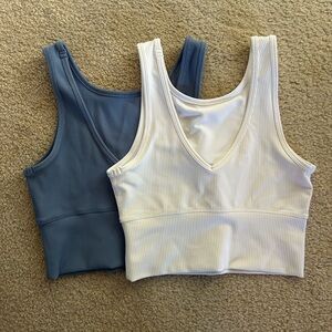 Ribbed V-Neck Crop Tops in Blue and White